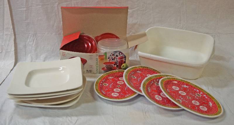 lot 5167 image: Lot of Asian Platters (4), Plates, Wash Tub & Rubbermaid Storage Containers w Lids