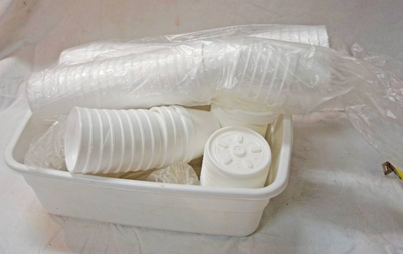 lot 5172 image: Chinese Take Out Variety of Styrofoam Sauce Cups, Lids, Small Plastic Sauce containers & Lids - see photo