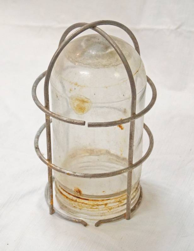 lot 5078 image: Glass Dome Globe light w metal cage frame for walk-in freezer or Vent Hood