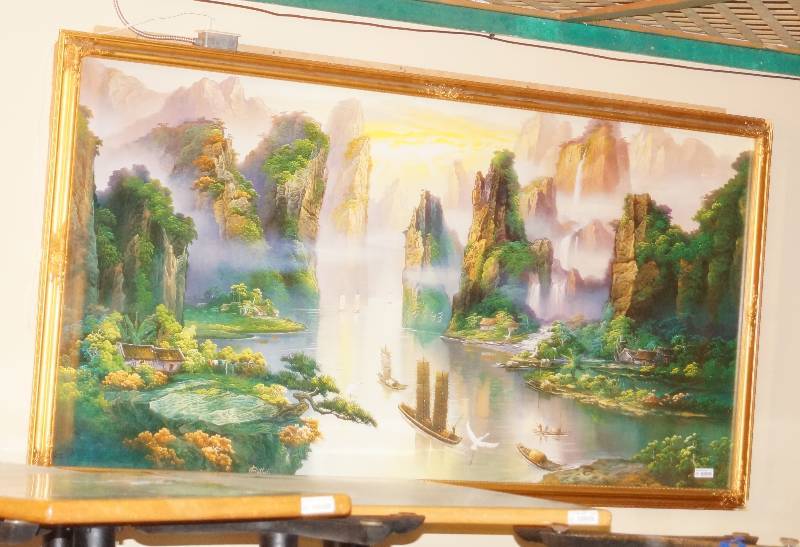 lot 5192 image: Beautiful, Large Oriental Landscape - Back Lit w pinholes all around image to twinkle - Stunning, Detailed Frame