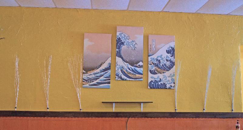 lot 5163 image: Lot of Asian Ocean Wave Wall Decor and 3 Shelves w brackets - Each Canvas Print is 3 foot tall