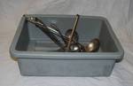 Lot of Serving / Cooking Ladles in a gray bus tub