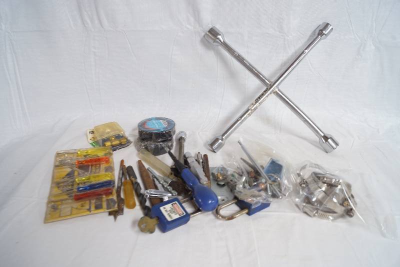 lot 1027 image: Lot of Tools, Tape, Drill Bit, Locks and a Tire 4-Way - See photos