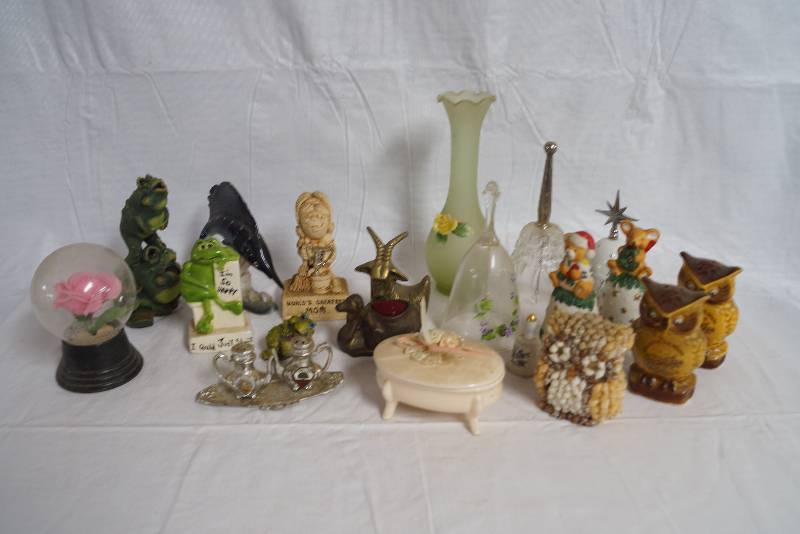 lot 1067 image: Lot of Owls, Frogs, Goats Vases, Bells , Salt and Pepper Shakers and More