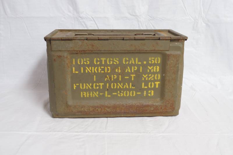 lot 1005 image: Metal Ammunition Box Army Green w stencil writing in yellow - COOL See pics