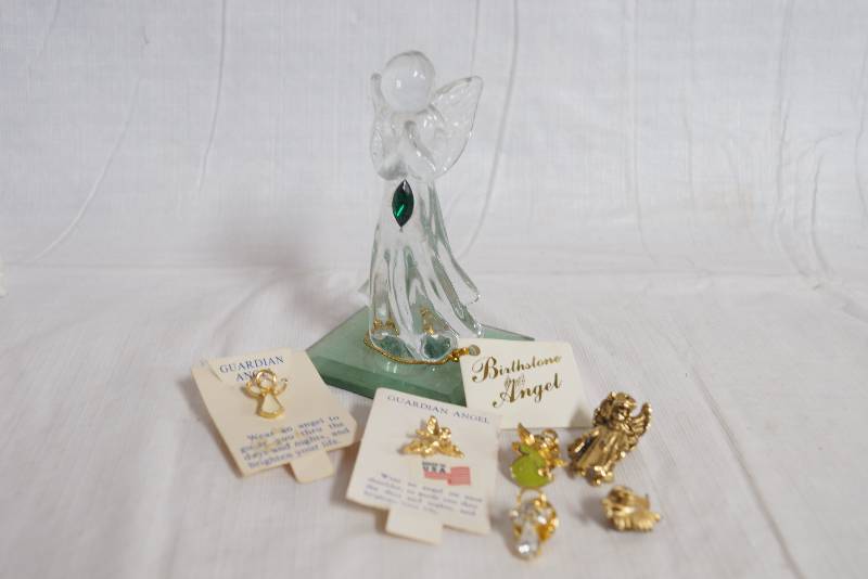 lot 2394 image: Lot of Angel Collectibles - Birthstone Figurine, Lapel Pins and small charms