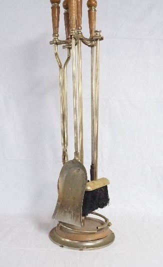 lot 99303 image: 5 Pc Brass and Wood Fireplace Tool Set