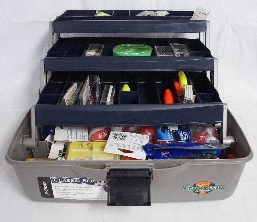 lot 9320 image: Flambeau Outdoors FISHING TACKLE BOX with TACKLE - WOW LOOKEE HERE