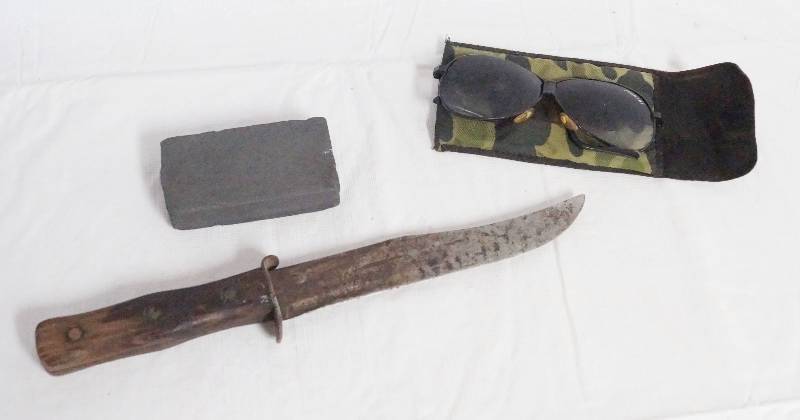 lot 1002 image: Hunting Knife, Sharpening Stone and Sunglasses w Case