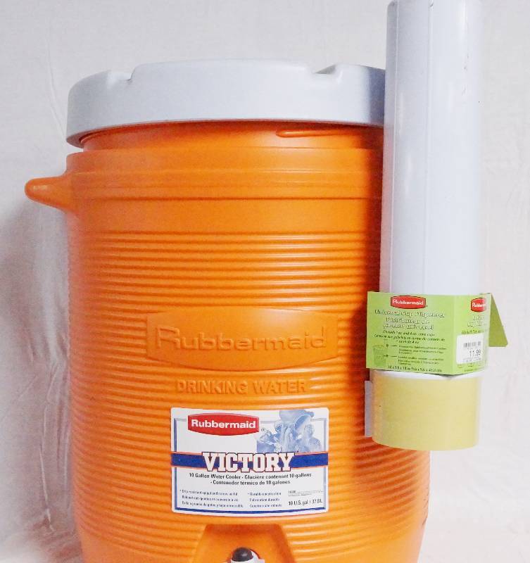 lot 9340 image: Orange Rubbermaid 10 Gallon Water Cooler- Attachable Cup Dispenser Include- Very Cool