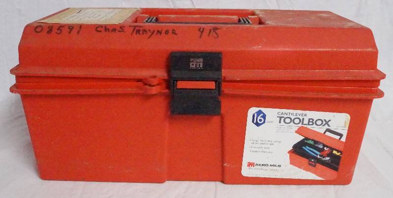 lot 9347 image: Cantilever 16 Inch Toolbox- Assortment of Tools Included- Wrenches, Pliers, and MORE See Photos