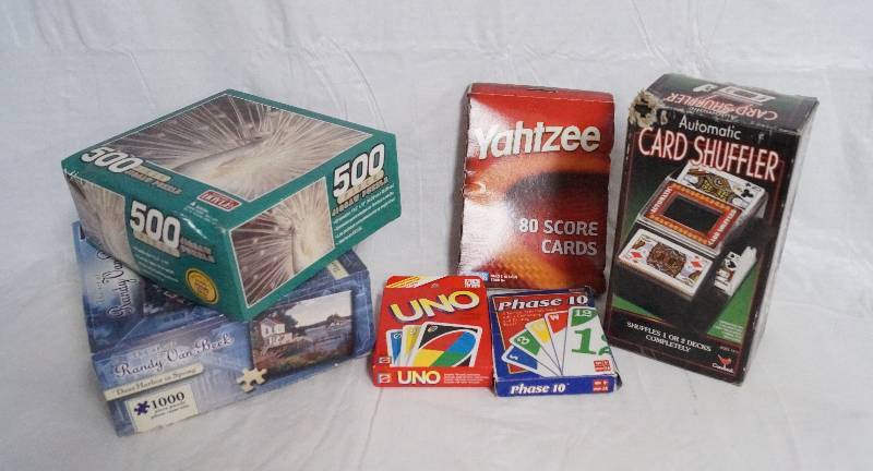 lot 9386 image: Lot of Card Games and Puzzles- Includes Automatic Card Shuffler- Very Cool