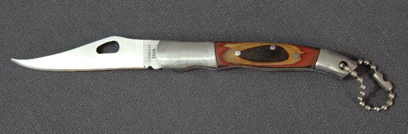 lot 9044 image: 3 Wood and Stainless Steel Folding Pocket Knife w Key Ring Holder.