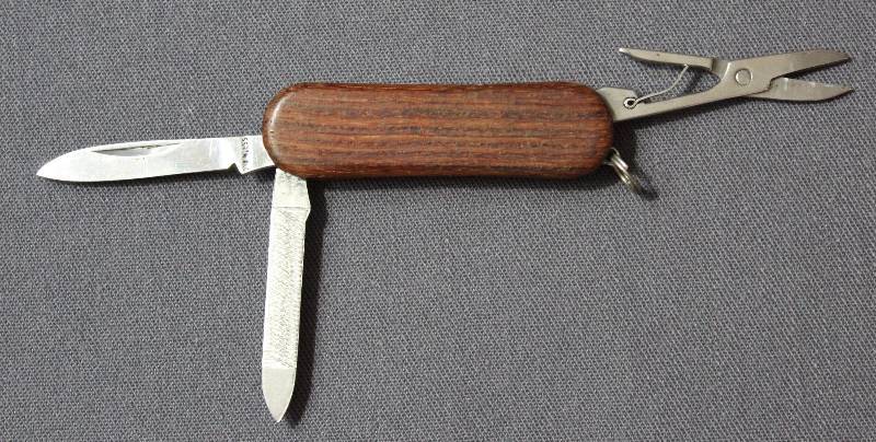 lot 9061 image: 2.25 Wood Folding Multi-Tool Pocket Knife with Key Ring.