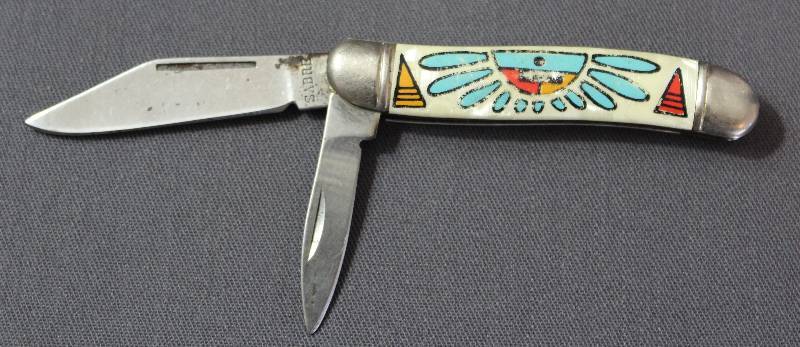 lot 9097 image: Vintage Sabre 3 Folding Multi-Blade Pocket Knife with Hand Painted Design.
