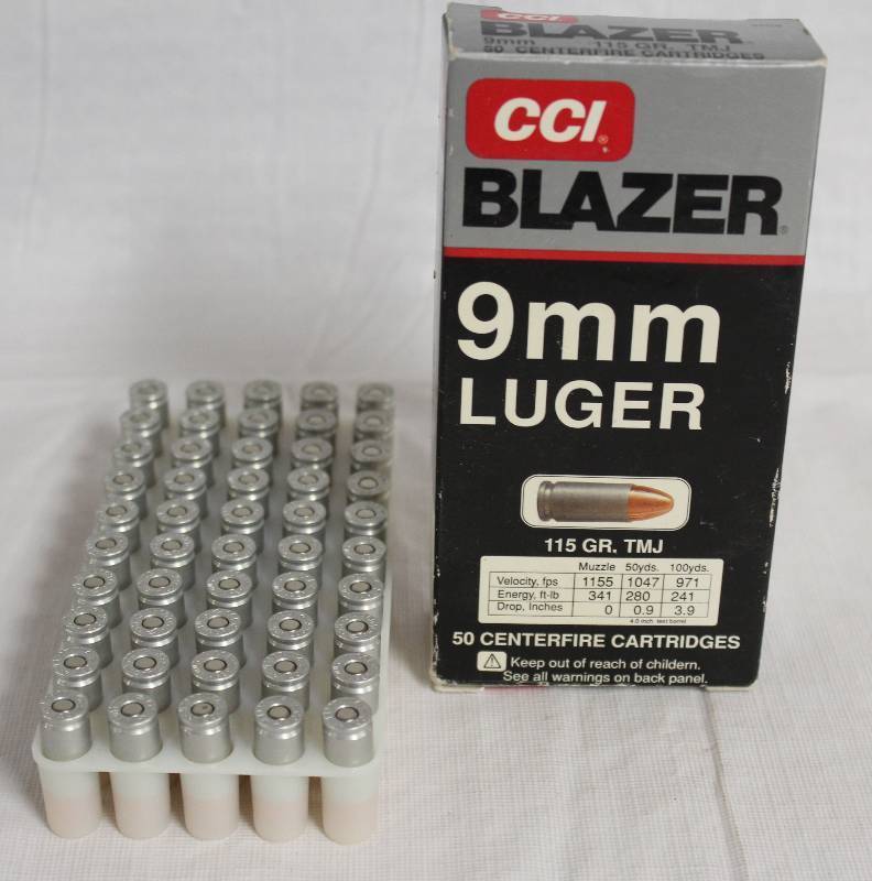 lot 99225 image: CCI Blazer Ammo - 9mm LUGER Bullets - 115 GR. TMJ - 50 Centerfire Cartridges