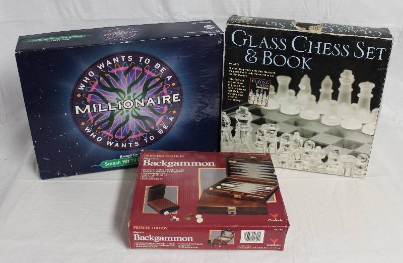 lot 9151 image: Set of 3 Games - Glass Chess Set, Backgammon, & Who Wants to Be a Millionaire