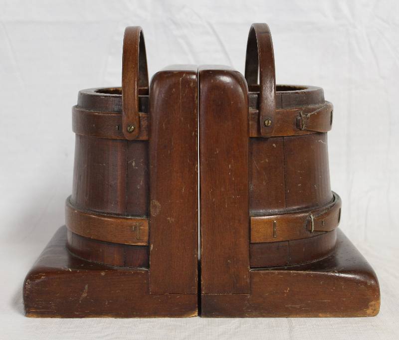 lot 9156 image: Wooden Water Pail Bookends w Moving Handles Each measure 8h x 5w.