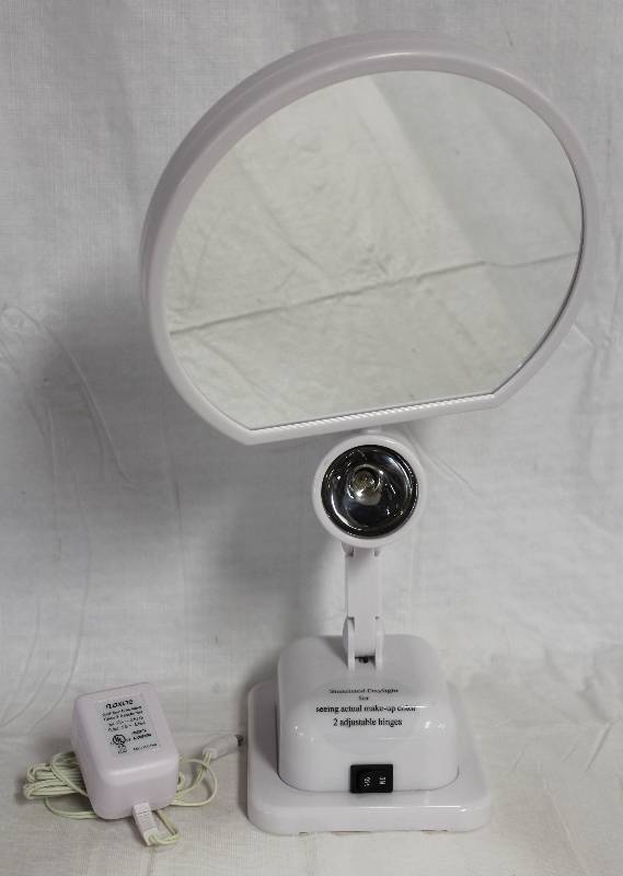 lot 9160 image: Vanity Simulated Daylight Double Sided Mirror w 2 Adjustable Hinges