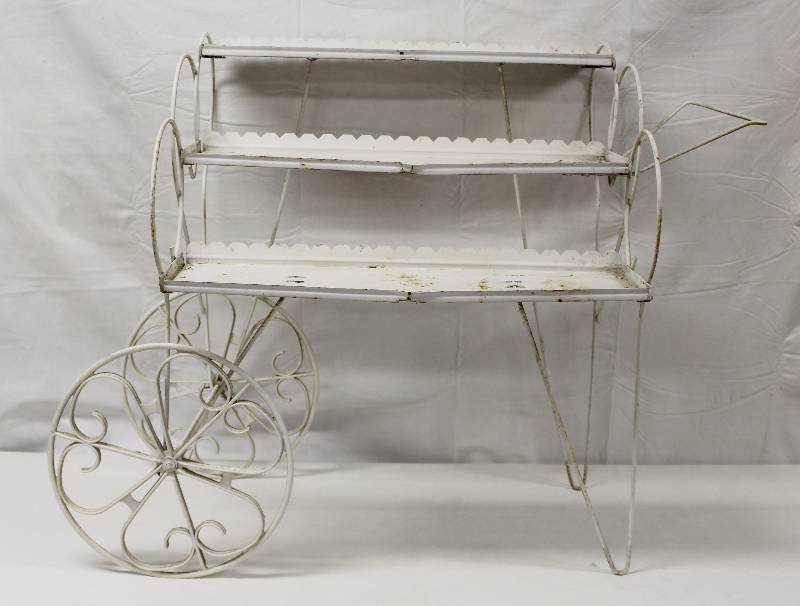 lot 9197 image: Neat White 3-Tier Plater Stand with Wheels and Handle.