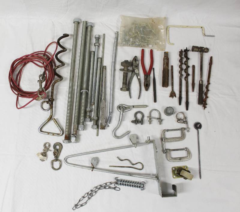lot 9214 image: Lot of Various Hand Tools and Hardware - Bolts, Pliers, Hooks, Clamps, & More.