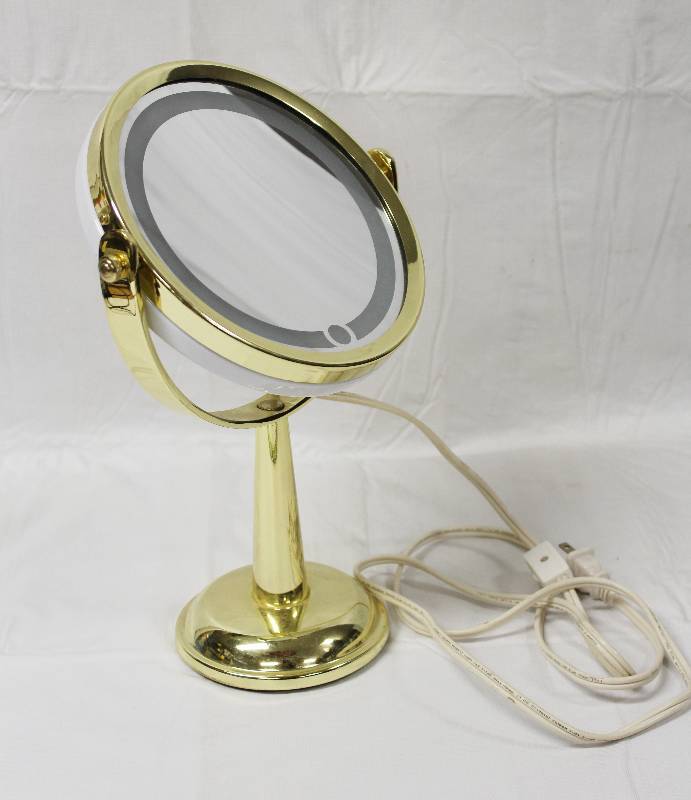 lot 9222 image: Gold and White Lighted Magnifying Vanity Mirror.