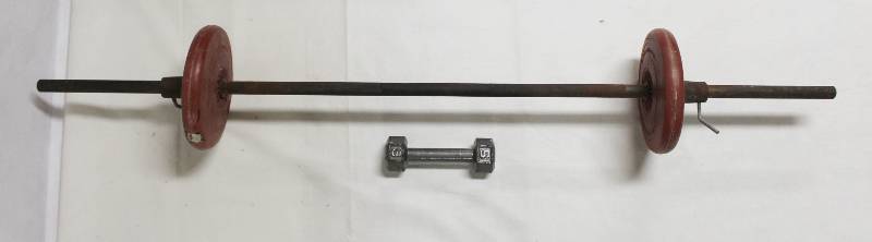 lot 9231 image: Vintage Bar Bell, Orbatron 10lb Health Discs & 5 Weight.