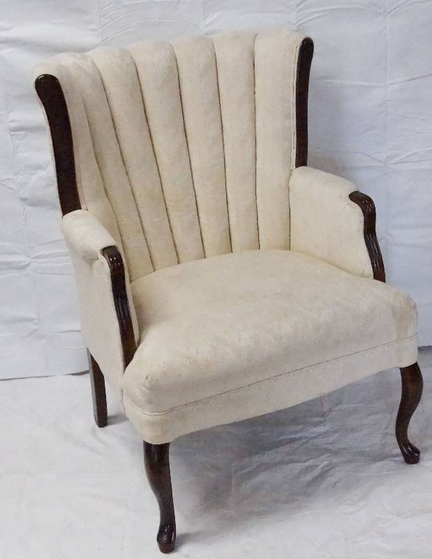 lot 9542 image: Channel Back Chair - Upholstery is in good shape (needs cleaned) - Nice wood