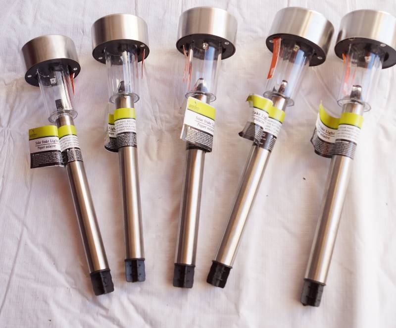 lot 4130 image: Set of 5 Chrome Garden Collection Solar Stake Lights- Very Nice