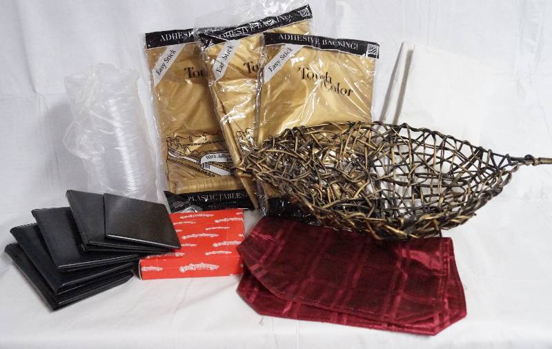 lot 9328 image: Decorative Basket, Credit Card Folders, 3 New Plastic Table Skirts and More