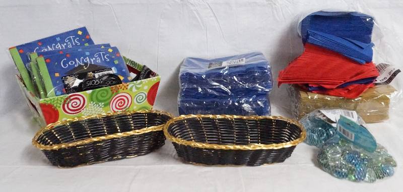 lot 4021 image: Lot of Party Napkins, Two Baskets and Decorative Glass Rocks (New)