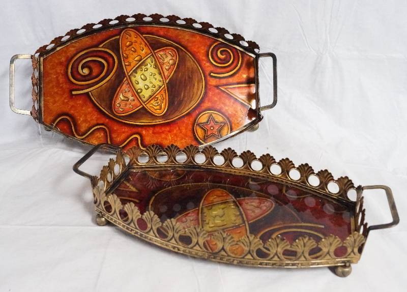 lot 9336 image: Lot of 2 Decorative Glass Trays - Scalloped Metal Flourish Edging - These Nest - VERY NICE