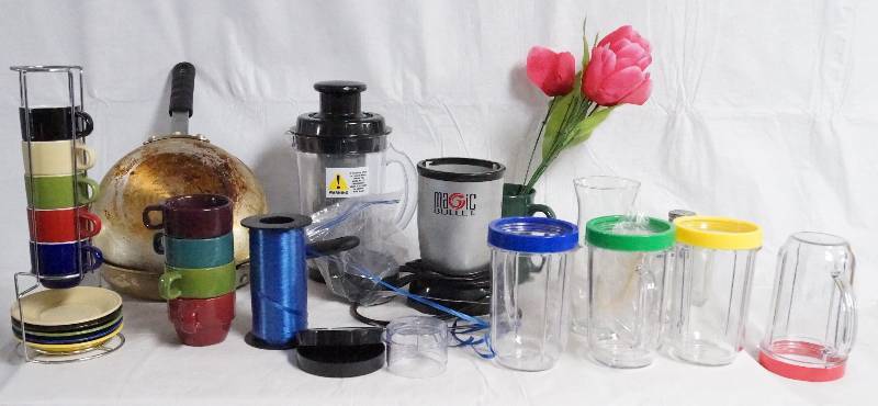 lot 9603 image: Lot of Housewares - 2 Nice non stick skillets - Espresso Cup Set & Magic Bullet Accessories