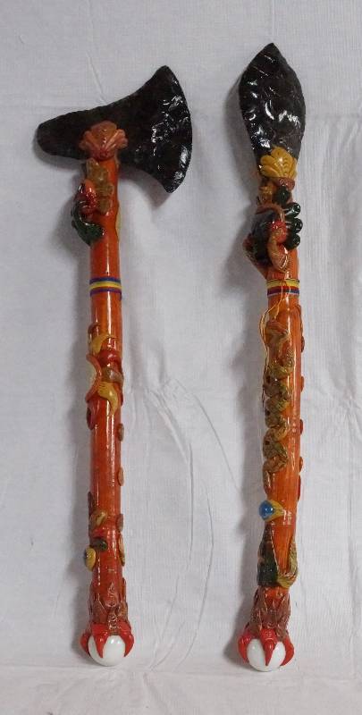 lot 9606 image: BIG and Truly Unique Tribal Axe & Spear Set - CHECK THESE OUT  The Big Axe Has a Rain Stick Handle