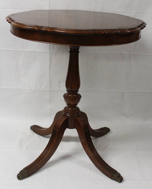 lot 9235 image: Round Wood End Table with Claw Feet - 28 tall x 25 wide. Made in Grand Rapids