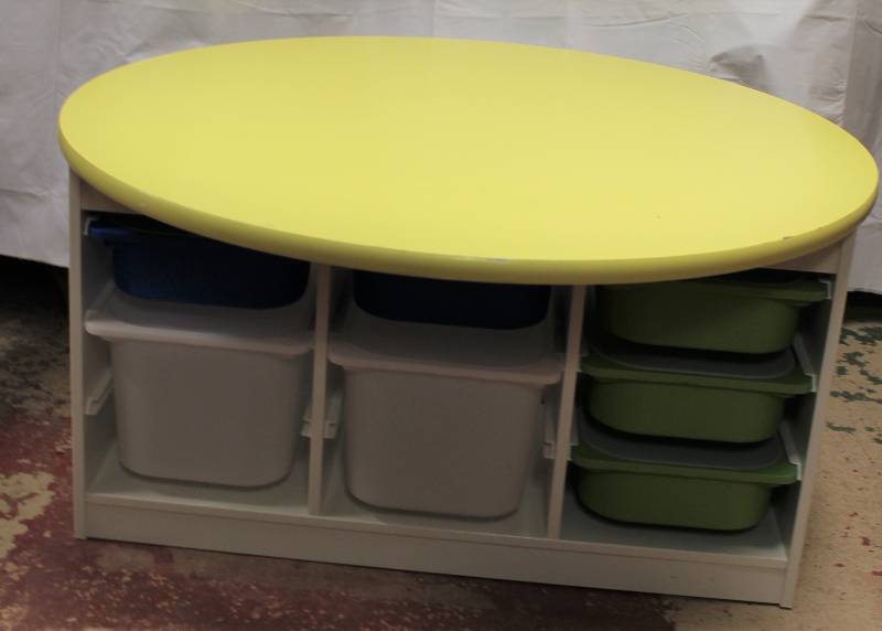 lot 9237 image: IKEA - Round Craft Large 43 Storage Table with 7 Ikea Bins & Lids- Sits 23 high.