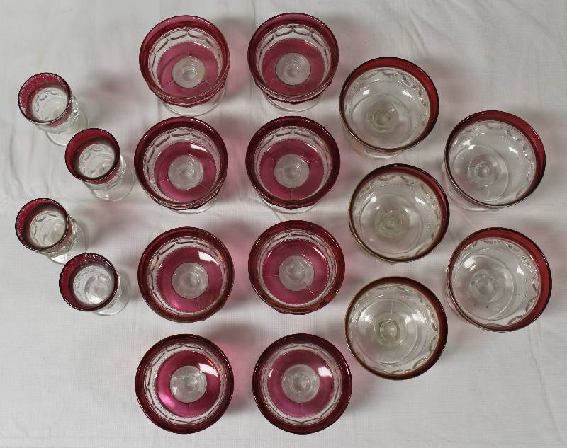 lot 9250 image: Vintage Tiffin KINGS CROWN Thumbprint Cranberry Flash Sherbet and Cordial Glass.