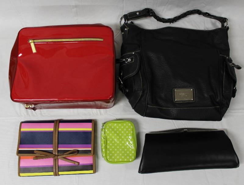 lot 9255 image: Lot of 5 Bags - Purses and Travel Cosmetic Bags. Rosetti, Estee Lauder, & more.