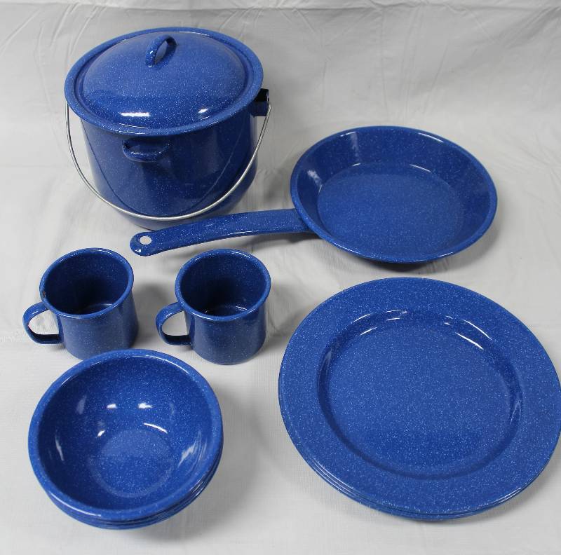 lot 9256 image: Enamel Camp Cooking Gear - Pot with Lid, Pan, 2 Cups, 4 Plates, and 4 Bowls