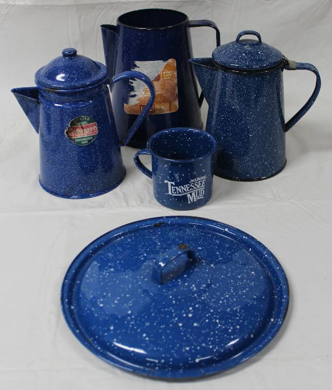 lot 9257 image: Enamel Camp Cooking Gear - 3 Pitchers, Jack Daniels Mug, & Lid.