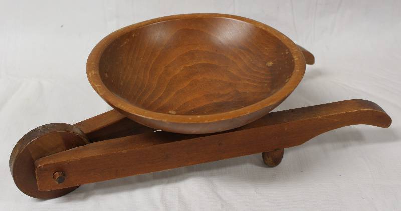 lot 9270 image: Woodcraftery 16 Wooden Bowl on Wheelbarrow Decor.