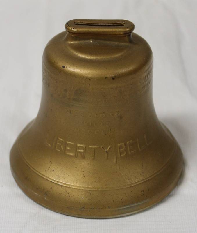 lot 9277 image: Vintage 4 Liberty Bell Glass Bank - Painted Gold.