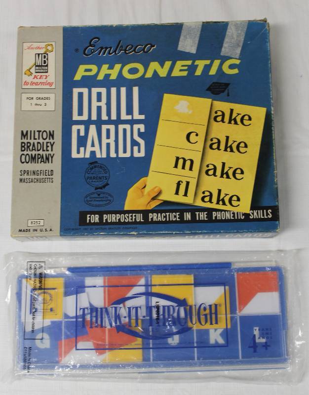 lot 9285 image: Vintage Phonics Games - 1957 Embeco Phonetic Drill Cards & Think-It-Through.