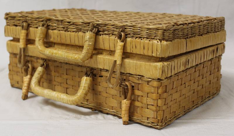 lot 9291 image: Woven Basket with Handles and Fruit Decorations