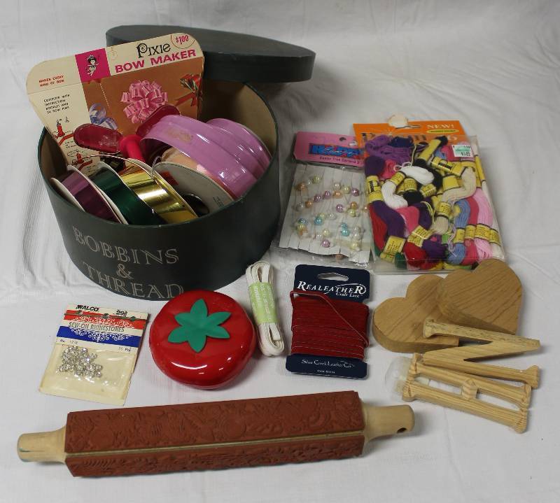 lot 9292 image: Lot of Crafting Supplies Ribbon Making, Stamping and Thread.