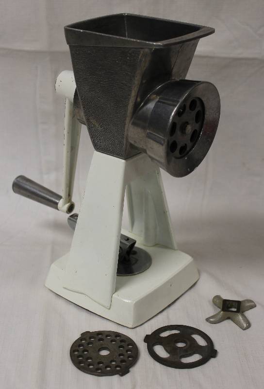 lot 9309 image: Universal Food & Meat Grinder with White Stand.