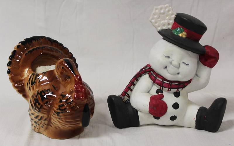 lot 9335 image: Holiday Thanksgiving & Christmas Ceramic Snowman Figure and Turkey Planter