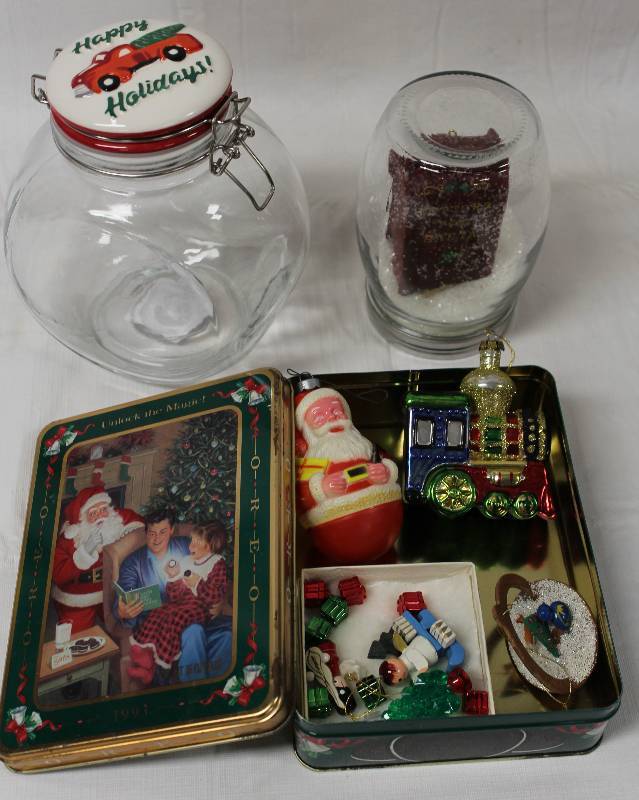 lot 9346 image: Christmas Ornaments, Jars and Tin.