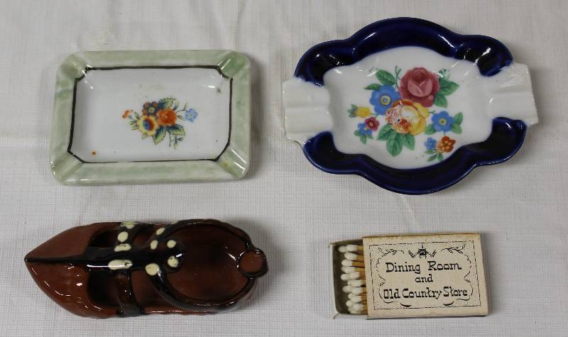 lot 9369 image: 3 Vintage Ceramic Ashtrays and Book of Matches