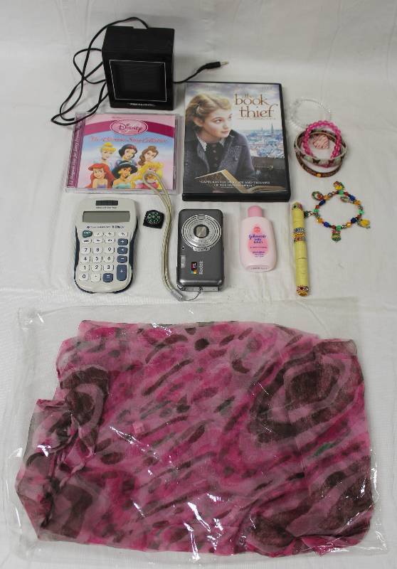 lot 9382 image: Misc Lot - Camera, Scarf, Movie, Speaker, Bracelets, and more.